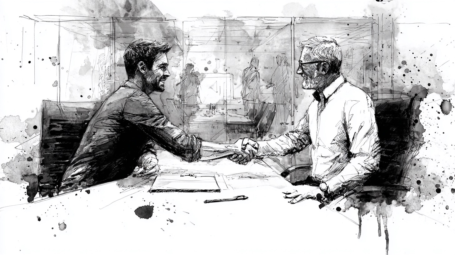 A founder and enterprise buyer shaking hands over a signed contract