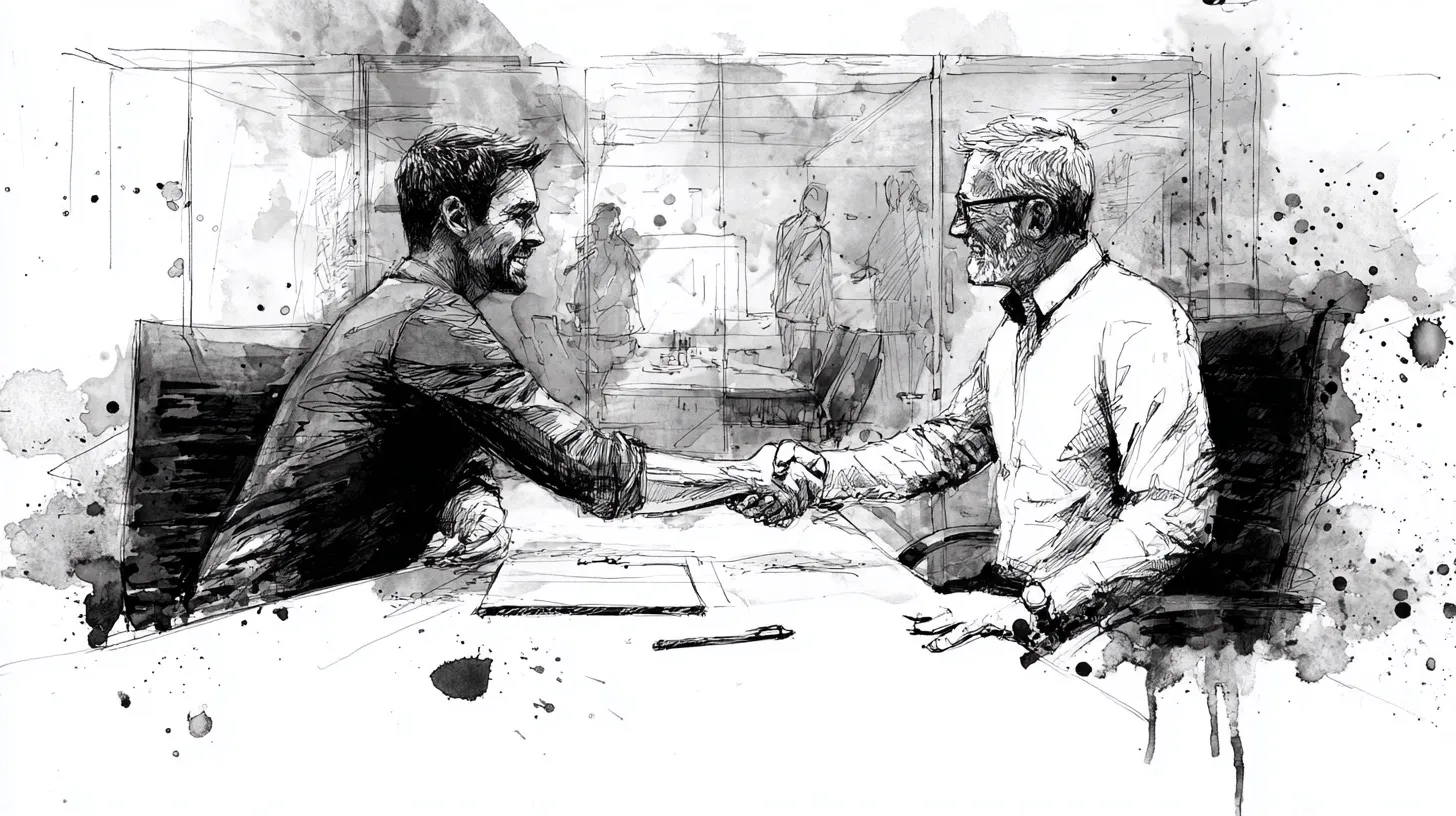 A founder and enterprise buyer shaking hands over a signed contract